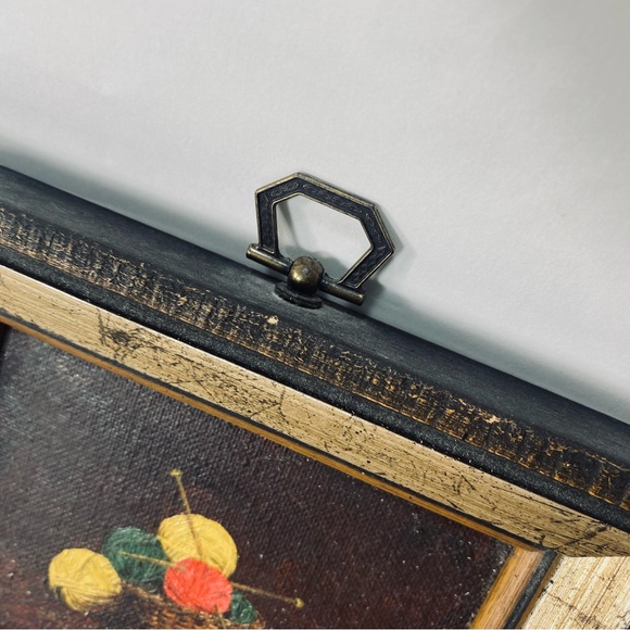 Miniature Vintage Still Life Oil Painting Board Basket Knitting Yarn and Needles - Picture 8 of 13